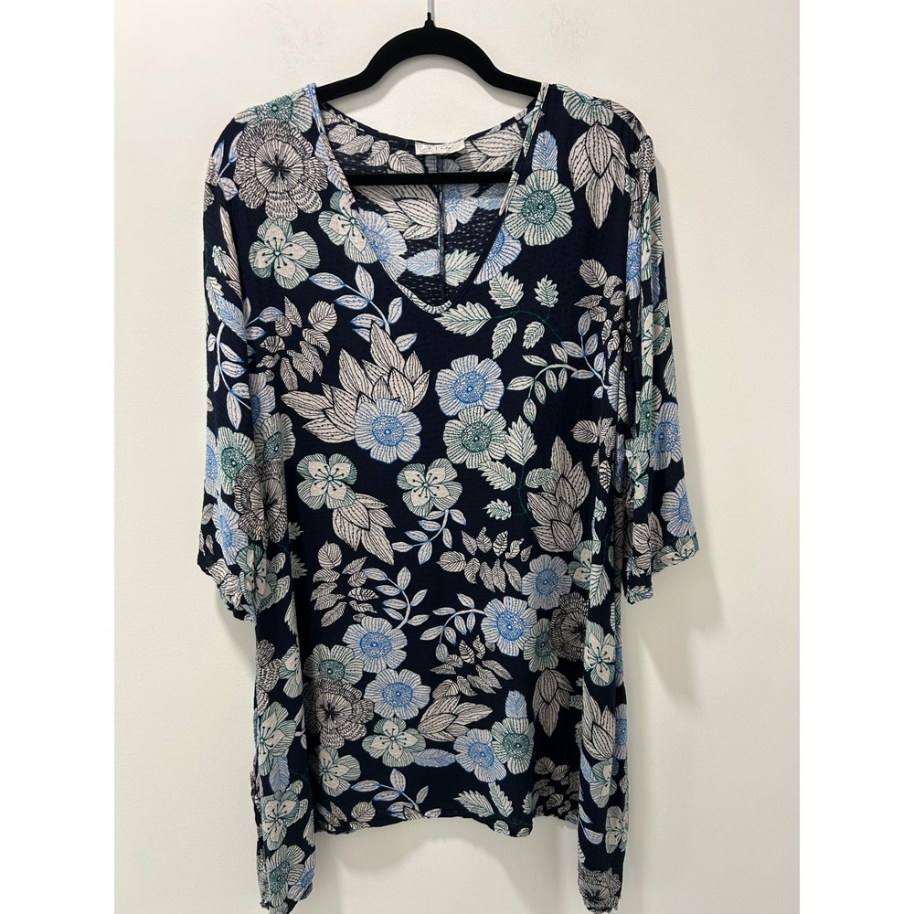 J Valdi Navy Floral Clip Dot V-Neck Swim Cover Up Tunic Top J135822